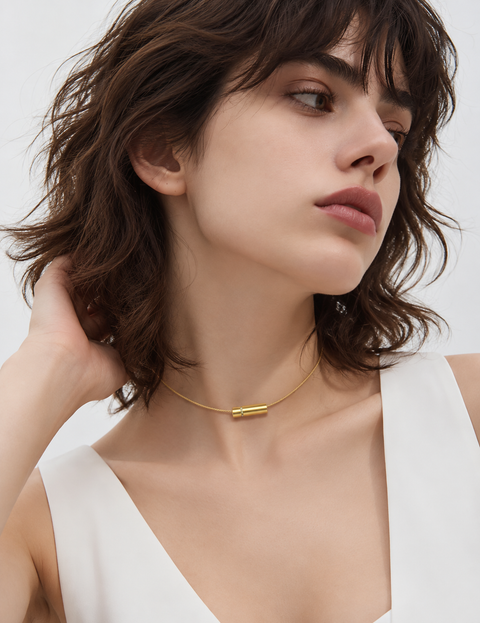 PT080G B.Tiff Gold Plated Pavé Rouleau Stainless Steel Pendant