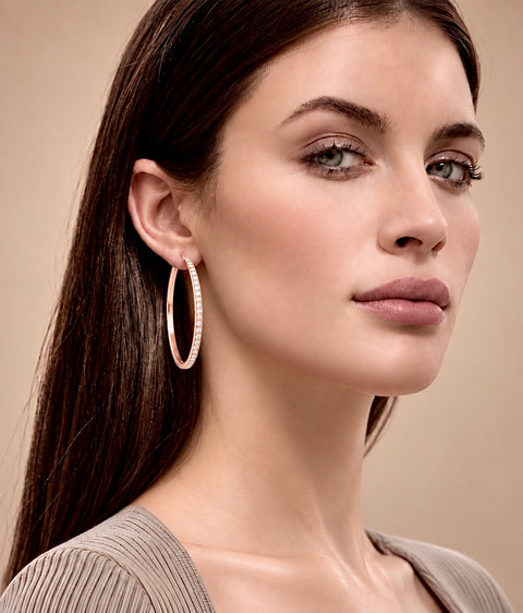 ER322RG B.Tiff Pave 146-Stone Big Rose Gold Plated Stainless Steel Hoop Earrings