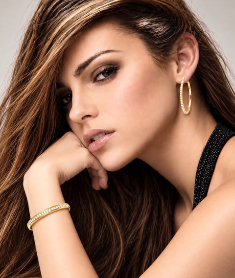 ER317G B.Tiff Pave 58-Stone Classic Gold Plated Stainless Steel Large Hoop Earrings