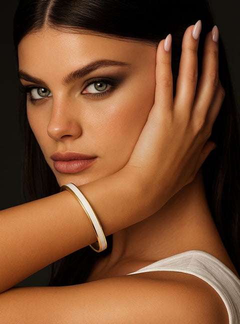 BG301GW B.Tiff "The Hamptons" White Enamel Gold Plated Stainless Steel Bangle Bracelet