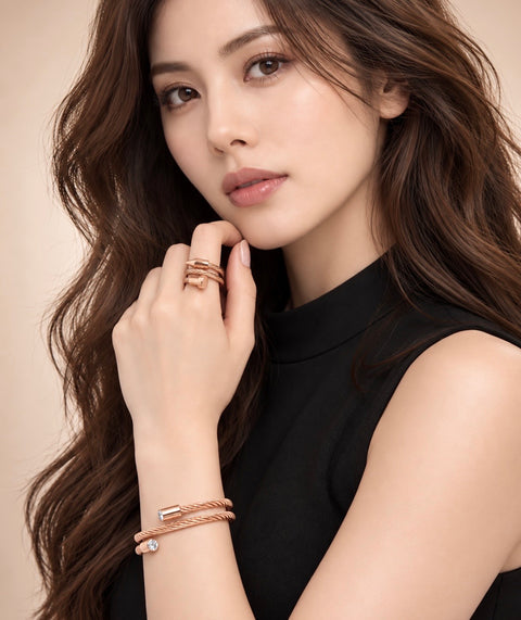 BG003RG B.Tiff Double Wrapped Rose Gold Plated Stainless Steel Cable Bangle Bracelet