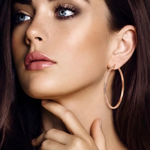 ER322RG B.Tiff Pave 146-Stone Big Rose Gold Plated Stainless Steel Hoop Earrings