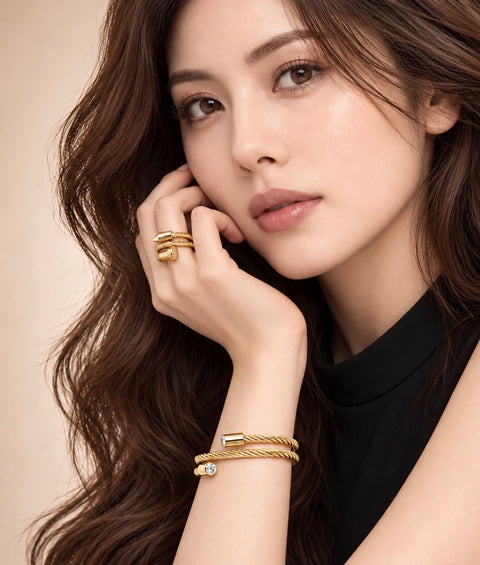 BG003G B.Tiff Double Wrapped Gold Plated Stainless Steel Cable Bangle Bracelet