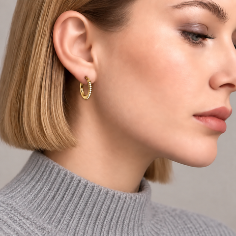 ER310G B.Tiff Pave 28-Stone Classic Gold Plated Stainless Steel Small Hoop Earrings
