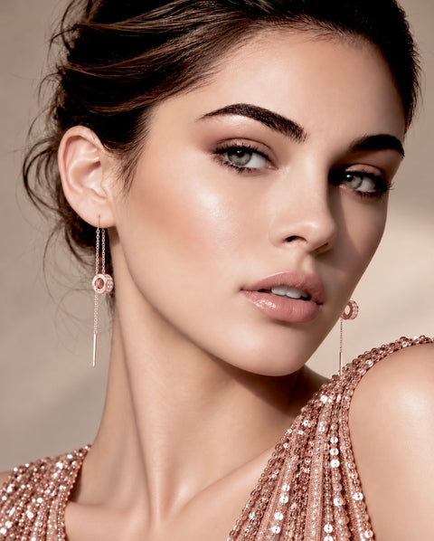 ER228RG B.Tiff Thread Dangling Circle Rose Gold Plated Stainless Steel Pave Earrings