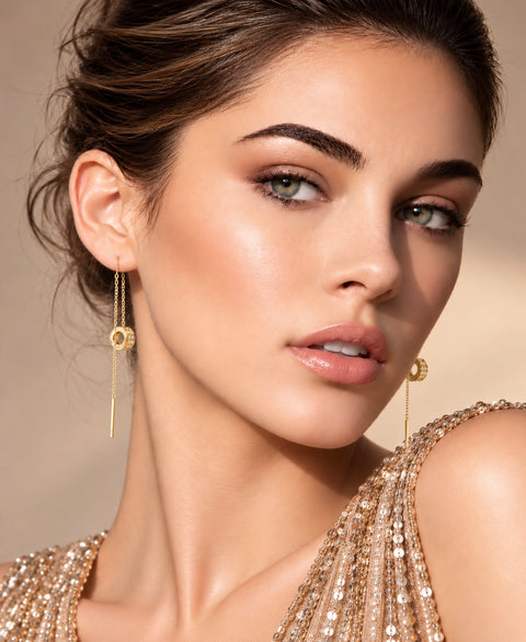 ER228G B.Tiff Thread Dangling Circle Gold Plated Stainless Steel Pave Earrings