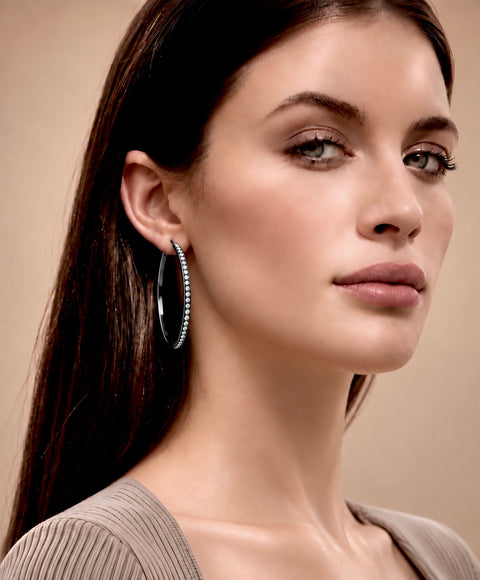 ER322B B.Tiff Pave 146-Stone Big Black Anodized Stainless Steel Hoop Earrings