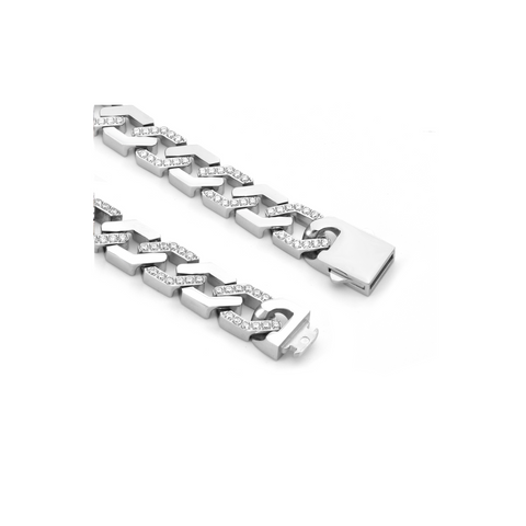 BG101W B.Tiff Pave High Polish Flat Angular Cuban Link Stainless Steel Bracelet