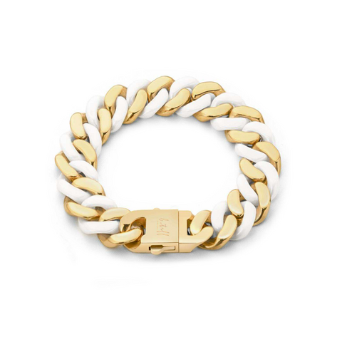 BG160GW B.Tiff 18K Gold Plated & White Ceramic Flat Cuban Link Bracelet