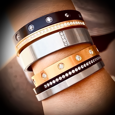 BG223W B.Tiff 4-Stone Wide Stainless Steel Pavé Bangle Bracelet