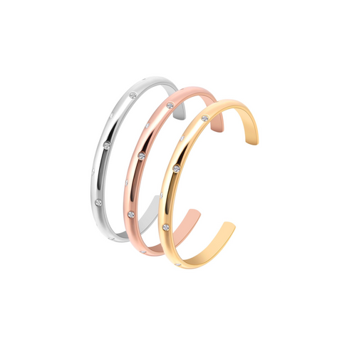 BG608G B.Tiff 8-Stone Starlight High Polish Gold Plated Stainless Steel Pave Adjustable Bangle Cuff