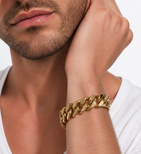 BG160G B.Tiff Flat Cuban Link Gold Plated Stainless Steel Bracelet