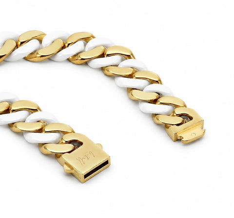 BG160GW B.Tiff 18K Gold Plated & White Ceramic Flat Cuban Link Bracelet