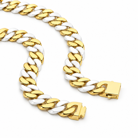 C160GW B.Tiff 2-Tone Gold Plated White Ceramic Flat Cuban Link Necklace/ 16mm