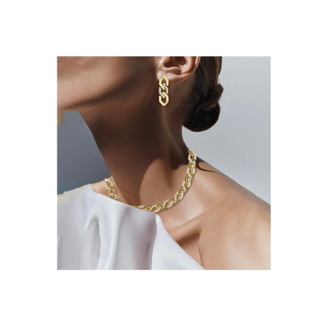 C101G B.Tiff Pave High Polish Gold Plated Flat Angular Cuban Link Stainless Steel Chain Necklace