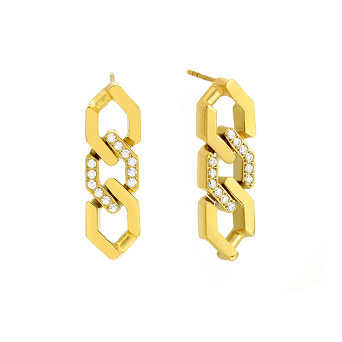 ER200G B.Tiff Gold Plated Pavé High Polish Flat Angular Cuban Link Stainless Steel Earrings