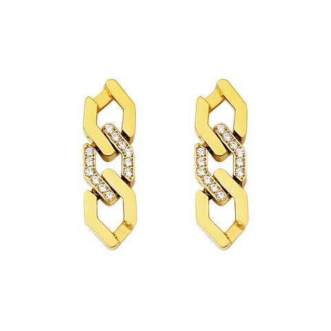 ER200G B.Tiff Gold Plated Pavé High Polish Flat Angular Cuban Link Stainless Steel Earrings