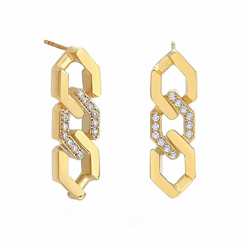 ER200G B.Tiff Gold Plated Pavé High Polish Flat Angular Cuban Link Stainless Steel Earrings