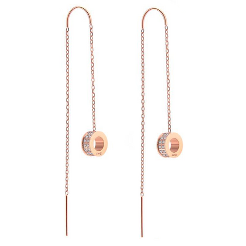 ER228RG B.Tiff Thread Dangling Circle Rose Gold Plated Stainless Steel Pave Earrings