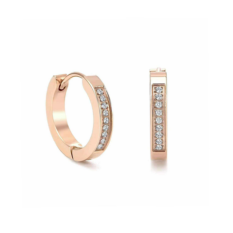 ER305RG B.Tiff 18-Stone Pave Rose Gold Plated Stainless Steel Hoop Earrings