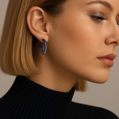 ER310BL B.Tiff Pave 28-Stone Classic Blue Sapphire Stainless Steel Small Hoop Earrings