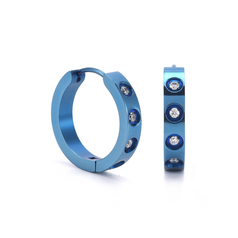 ER408BL B.Tiff Pavé 16-Stone Blue Sapphire Stainless Steel Hoop Earrings