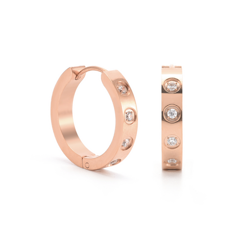 ER408RG B.Tiff Pavé 16-Stone Rose Gold Plated Stainless Steel Hoop Earrings