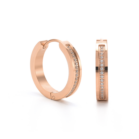 ER411RG B.Tiff Pave 34-Stone Rose Gold Plated Stainless Steel Hoop Earrings