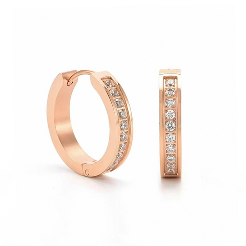 ER433RG B.Tiff Pave 20-Stone Rose Gold Plated Stainless Steel Hoop Earrings