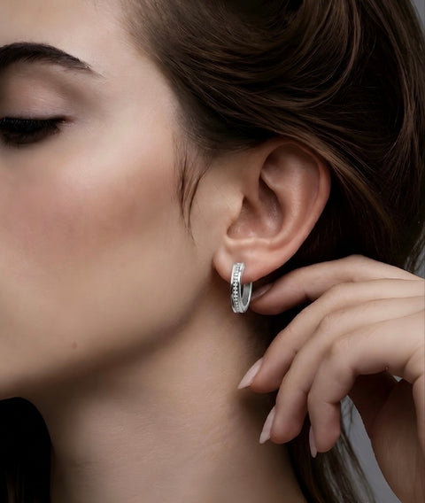 ER411W B.Tiff Pave 34-Stone Stainless Steel Hoop Earrings