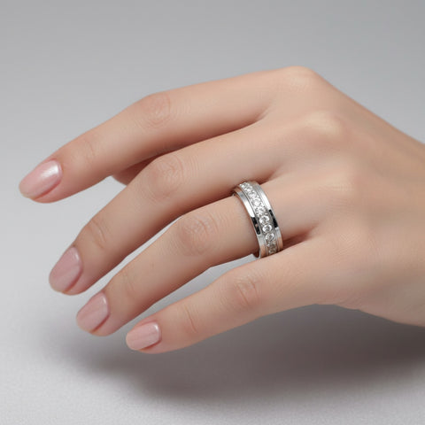 RG150W B.Tiff .02 ct Center Row Wide Stainless Steel Pave Eternity Ring