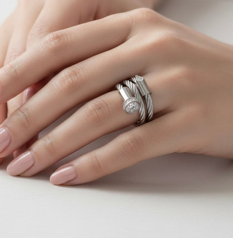 RG115W B.Tiff Pavé Pointe Cable Stainless Steel Adjustable Ring