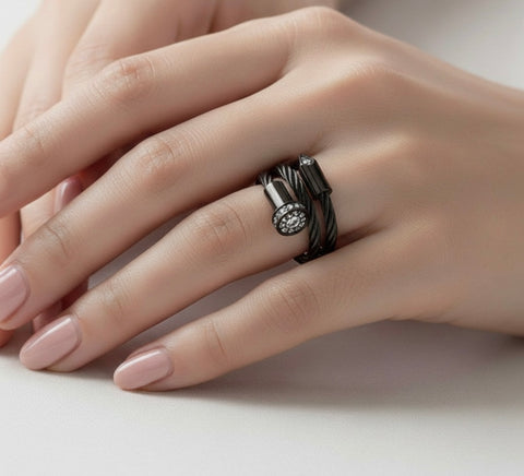 RG115B B.Tiff Pavé Pointe Cable Black Anodized Stainless Steel Adjustable Ring