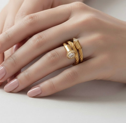 RG115G B.Tiff Pavé Pointe Cable Gold Plated Stainless Steel Adjustable Ring