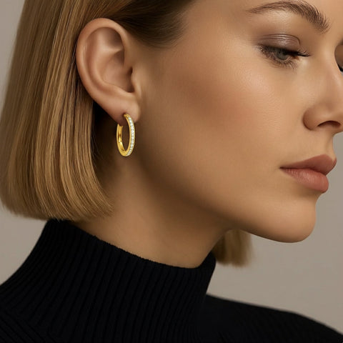 ER310G B.Tiff Pave 28-Stone Classic Gold Plated Stainless Steel Small Hoop Earrings