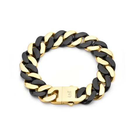 BG160BG B.Tiff Black Anodized & Gold Plated Flat Cuban Link Stainless Steel Bracelet