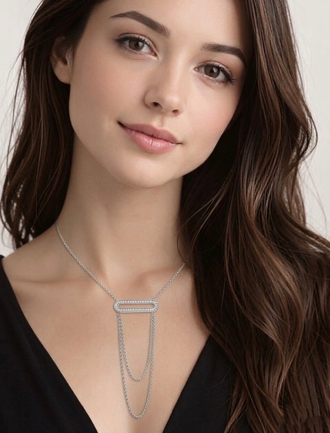 PT630W B.Tiff Pave Double Chain Oblong Stainless Steel Pendant Necklace