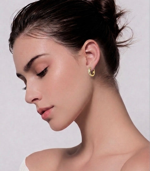 ER305G B.Tiff 18-Stone Pave Gold Plated Stainless Steel Hoop Earrings
