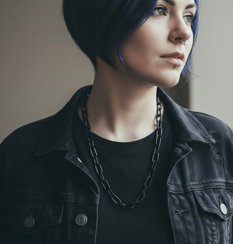 C200B B.Tiff Paperclip Anodizd Black Stainless Steel Chain Necklace