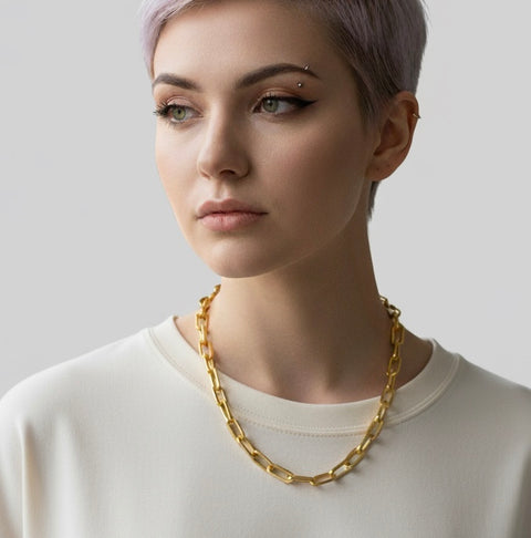 C200G B.Tiff High Polish Paperclip Gold Plated Stainless Steel Chain Necklace