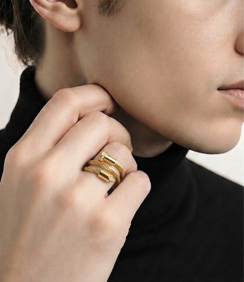 RG115G B.Tiff Pavé Pointe Cable Gold Plated Stainless Steel Adjustable Ring