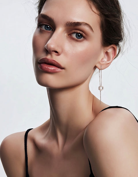 ER228W B.Tiff Thread Dangling Circle Stainless Steel Pave Earrings