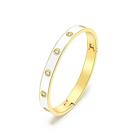 BG808EWG B.Tiff 8-Stone Bold White Enameled Gold Plated Stainless Steel Bangle Bracelet