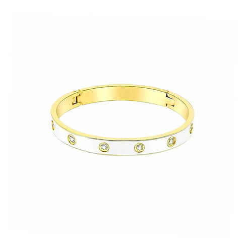 BG808EWG B.Tiff 8-Stone Bold White Enameled Gold Plated Stainless Steel Bangle Bracelet