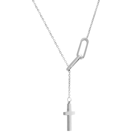 PT097W B.Tiff Adjustable Cross Lariat Chain Necklace with Paperclip Links