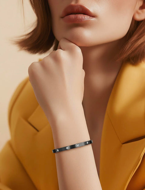 BG308B B.Tiff 8-Stone Black Anodized Stainless Steel Star Bangle Bracelet