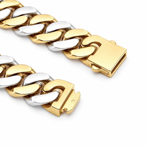 C160GW B.Tiff 2-Tone Gold Plated White Ceramic Flat Cuban Link Necklace/ 16mm