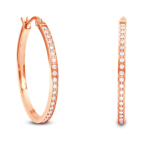 ER312RG B.Tiff Pave 42-Stone Classic Rose Gold Plated Stainless Steel Medium Hoop Earrings