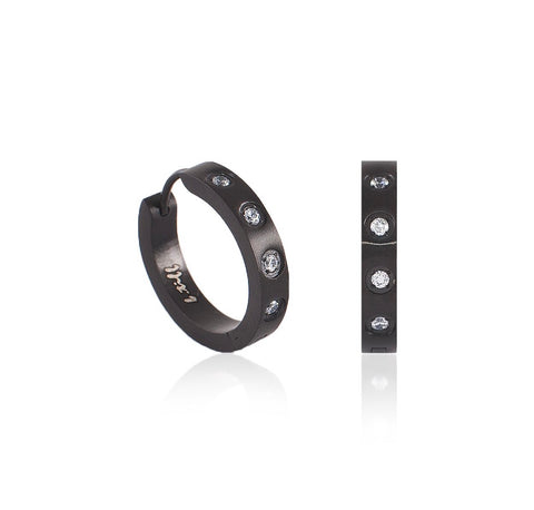 ER408B B.Tiff Pave 8-Stone Black Anodized Stainless Steel Hoop Earrings