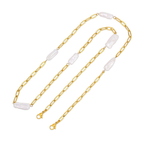 PT280G B.Tiff Freshwater Pearl Interlaced Gold Plated Stainless Steel Oval Link Mask Chain Necklace